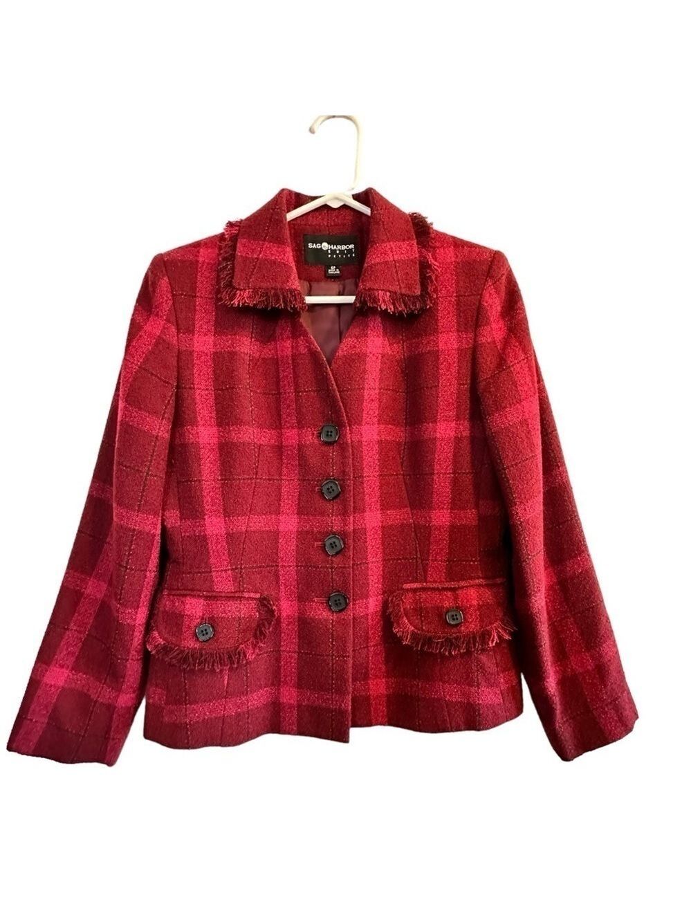 Sag Harbor Plaid Blazer Woman’s 6P Petite Career Jacket Fringe Collar Lined